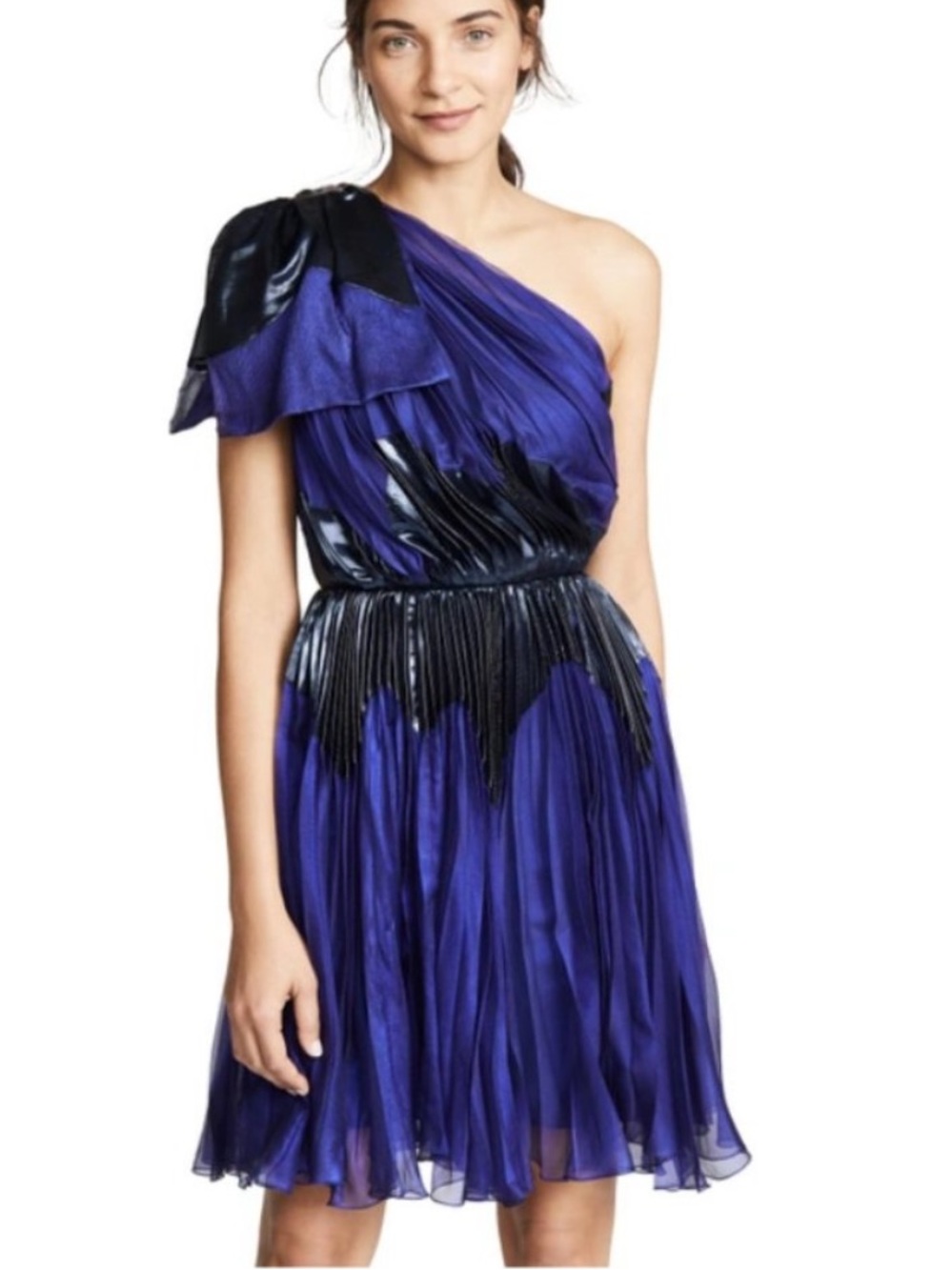 Maria Lucia Hohan One Shoulder 100%Silk Chiffon Cocktail mini Dress Blue Size 8